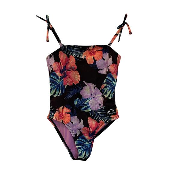 Black Floral Print Bathing Suit sz XS (5/6) Black Hawaiian Flower Print Swimsuit - Picture 1 of 5